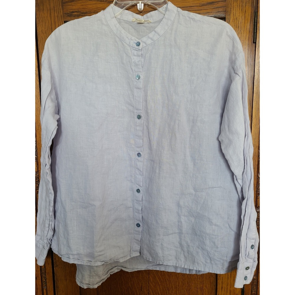 Eileen Fisher Organic Linen Mandarin Collar Shirt Lavender Purple XS Long Sleeve